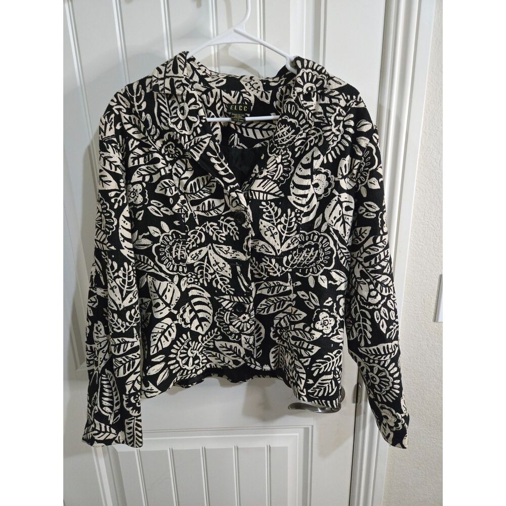 ELCC Women’s Size L Black Cream Floral Print Blazer Jacket Button Front Cotton